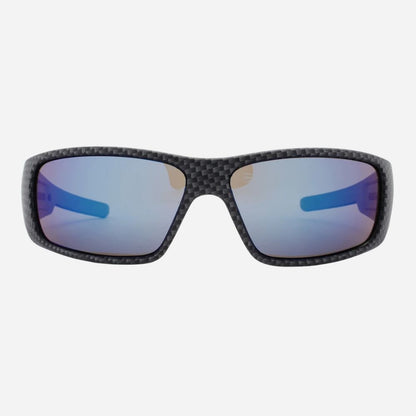 A pair of wrap-around sunglasses with a black carbon fiber textured frame and mirrored blue-purple lenses, shown against a light gray background.