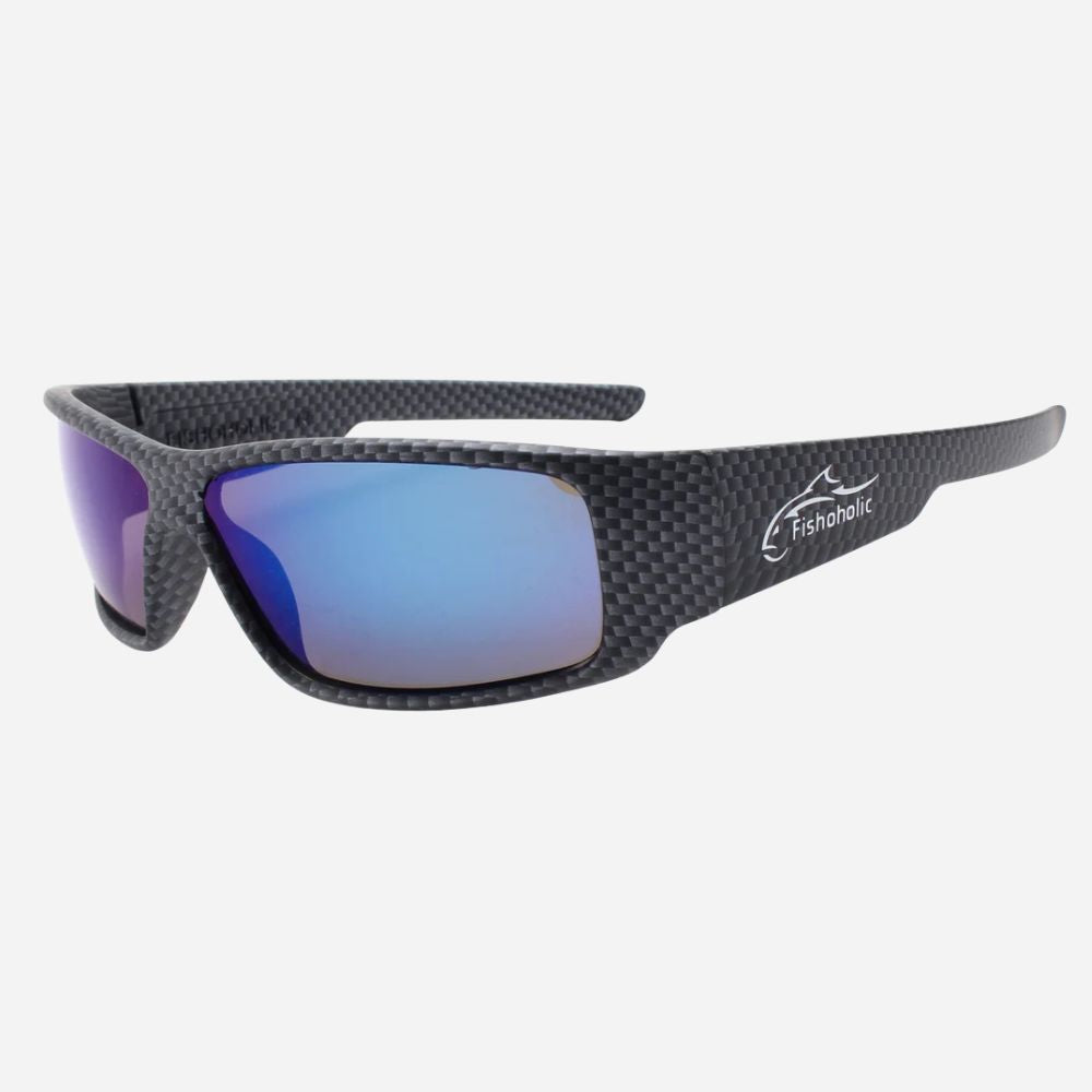 Sport sunglasses with a black carbon fiber pattern frame and blue mirrored lenses, featuring the Fishobalt logo on the temple.
