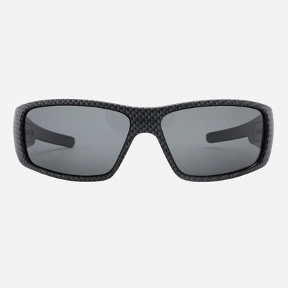 Black carbon fiber wrap-around sunglasses with dark gray lenses, shown from the front on a light gray background.