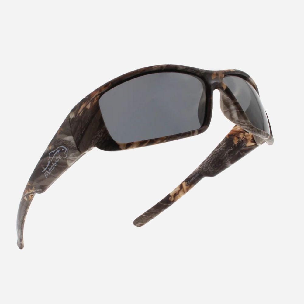 A pair of wrap-around sunglasses with a brown and black camouflage pattern on the frames and dark gray lenses, shown against a light gray background.