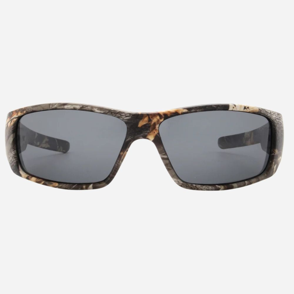 A pair of wrap-around sunglasses with a brown and black camouflage patterned frame and dark gray lenses, shown against a plain light gray background.
