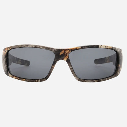 A pair of wrap-around sunglasses with a brown and black camouflage patterned frame and dark gray lenses, shown against a plain light gray background.