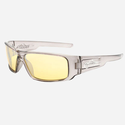 A pair of wrap-around shield sunglasses with a translucent clear frame and yellow mirrored lenses, shown on a light gray background.