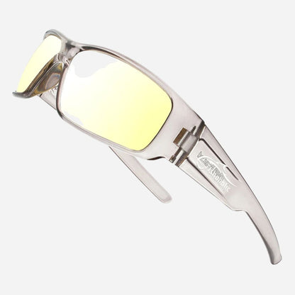 A pair of sport sunglasses with a clear, semi-transparent frame and yellow tinted lenses, shown against a light gray background.