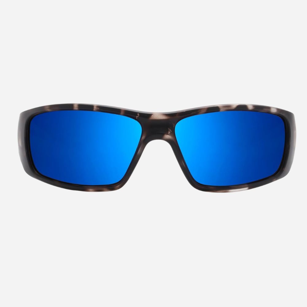 Sport sunglasses with a dark tortoiseshell frame and vibrant blue mirrored lenses, shown against a light gray background.