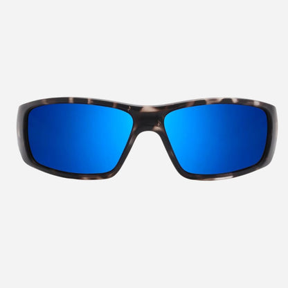 Sport sunglasses with a dark tortoiseshell frame and vibrant blue mirrored lenses, shown against a light gray background.