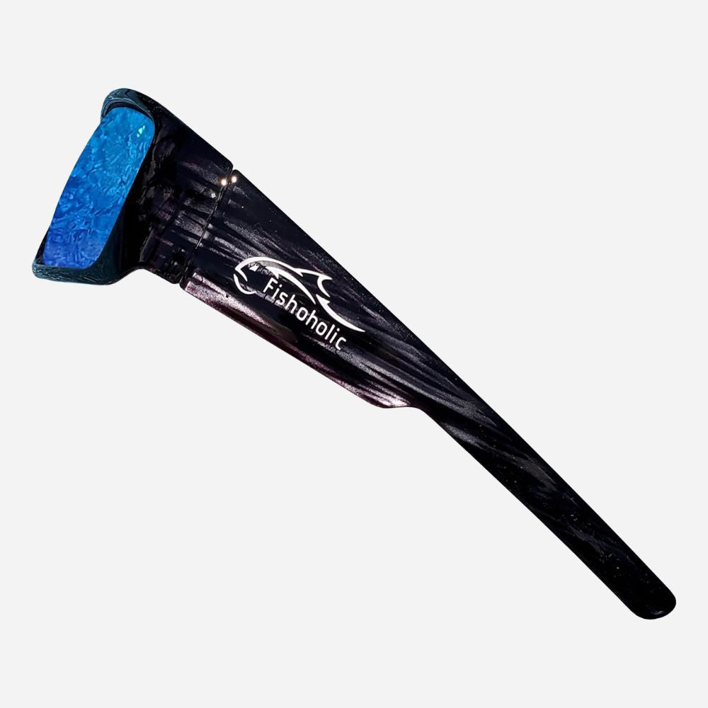 A single fishing rod with a black and silver striped handle, a blue textured grip, and a clear plastic tip, featuring the 'Fishholic' logo printed on the handle, set against a plain light gray background.