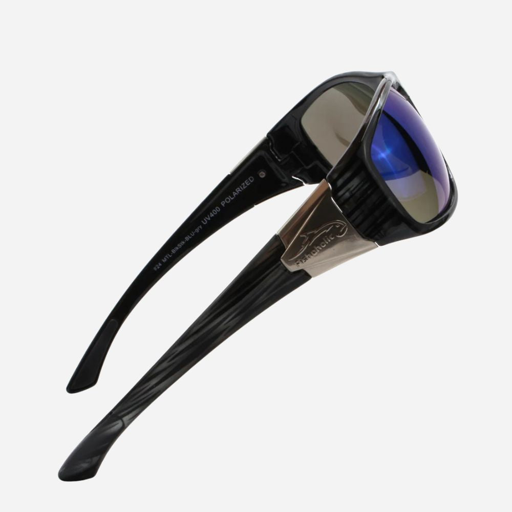 Black wrap-around sunglasses with a glossy black frame, silver metal bridge, and blue mirrored lenses, shown on a light gray background.