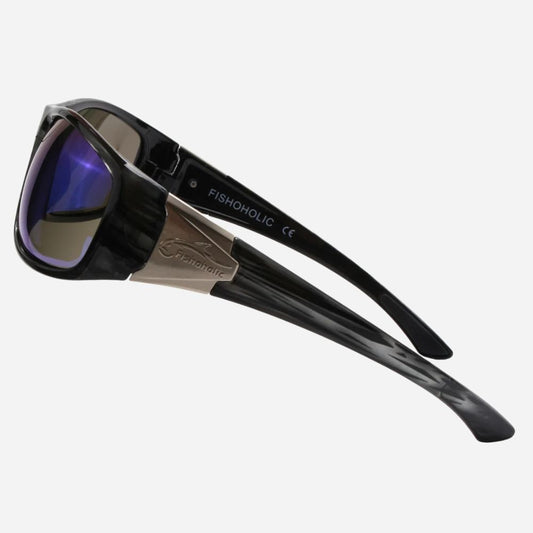 FISHONOLIC sport sunglasses with a black wrap-around frame, dark lenses, and metallic silver accents on the temples, shown on a light gray background.