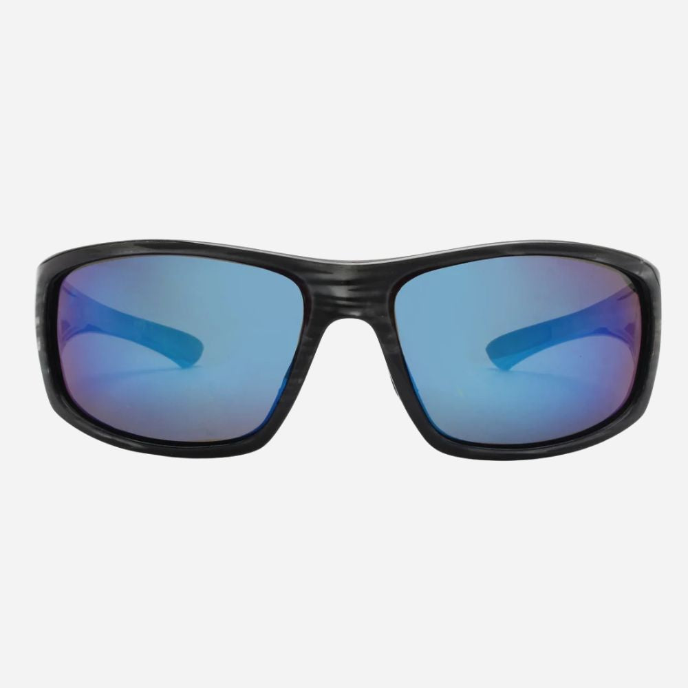Black wrap-around sunglasses with blue mirrored lenses, shown from the front against a light gray background.