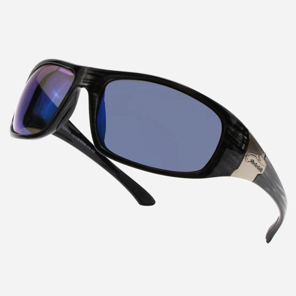 Black wrap-around sunglasses with blue-tinted lenses and a silver-toned metal temple accent, shown on a light gray background.