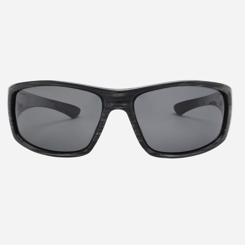Black wrap-around sunglasses with dark gray lenses, shown from the front on a light gray background.