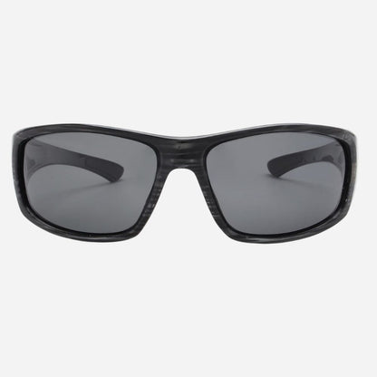 Black wrap-around sunglasses with dark gray lenses, shown from the front on a light gray background.