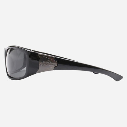 Black wrap-around sunglasses with dark lenses and a metallic silver temple featuring the Superdry logo, shown against a light gray background.
