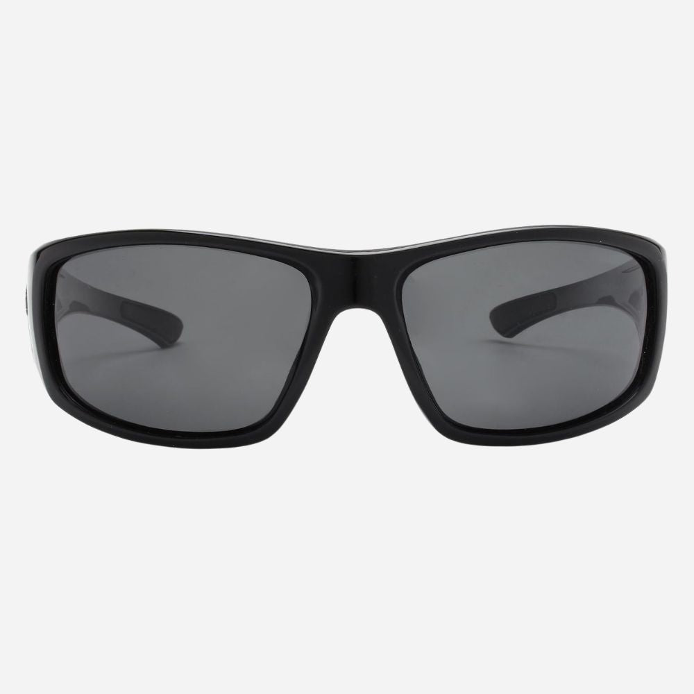 Black wrap-around sunglasses with dark gray lenses, shown from the front against a light gray background.
