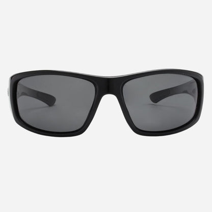 Black wrap-around sunglasses with dark gray lenses, shown from the front against a light gray background.