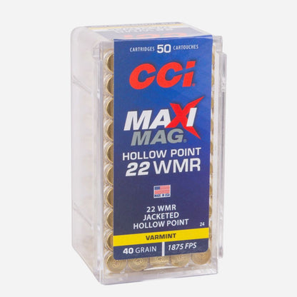 Box of CCI Maxi Mag 22 WMR hollow point ammunition on a white background