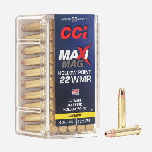 Box of CCI Maxi Mag hollow point 22 WMR ammunition with bullets displayed.