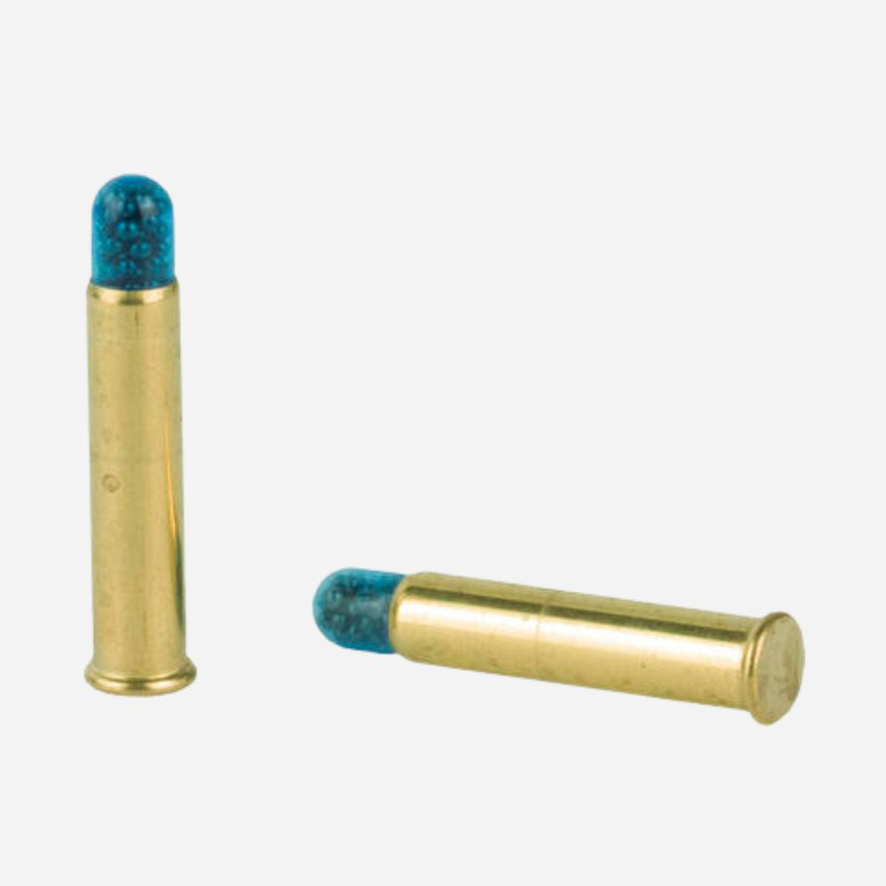 Two brass cartridges with blue tips on a white background