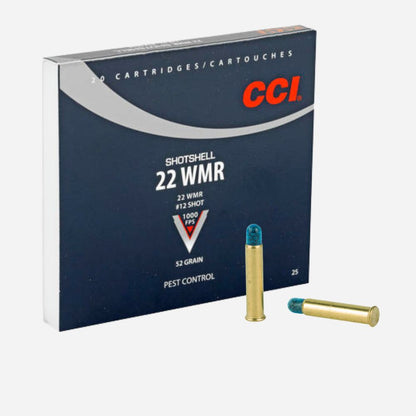 Box of CCI 22 WMR shotshell ammunition with two bullets on a white background