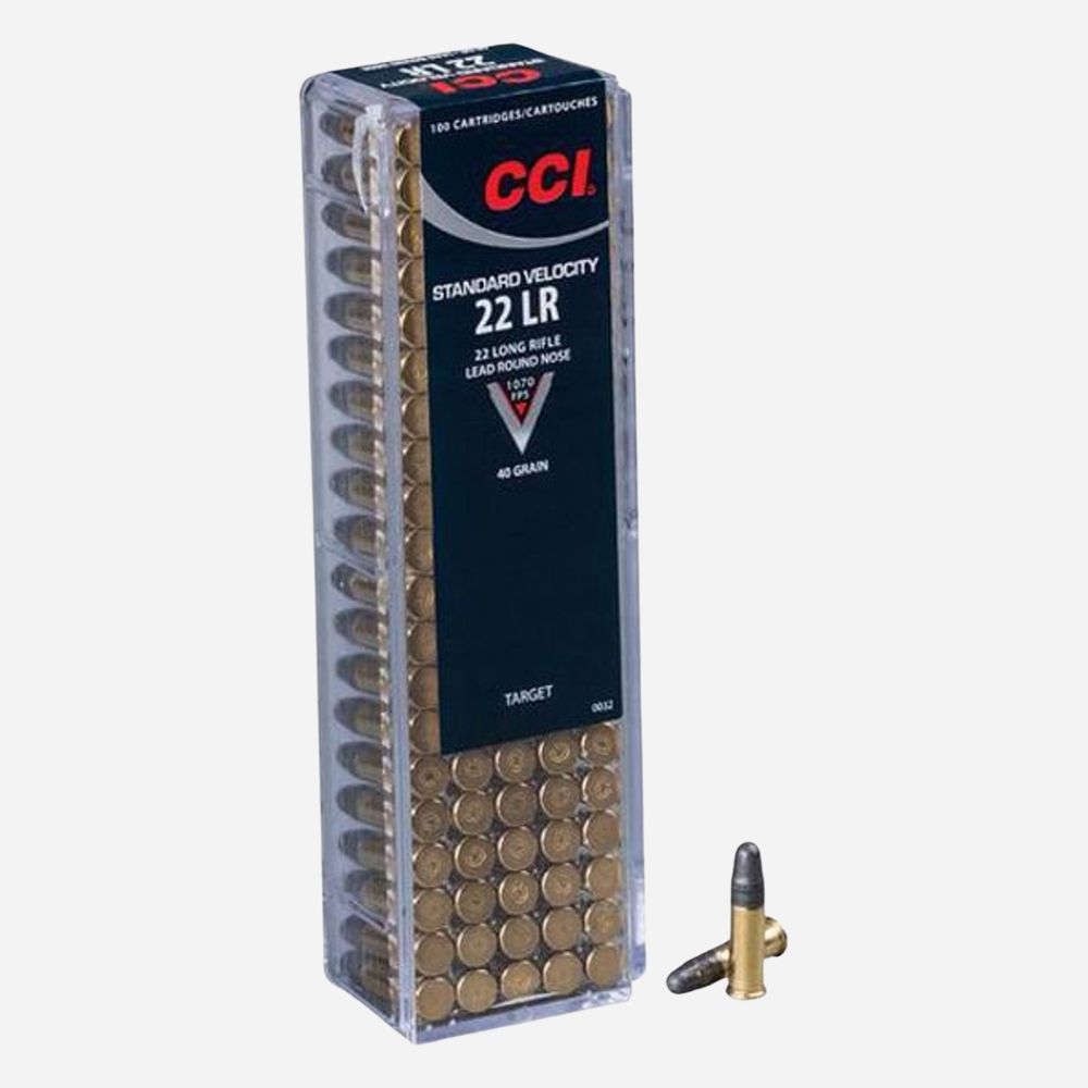 Box of CCI 22 LR ammunition on a white background