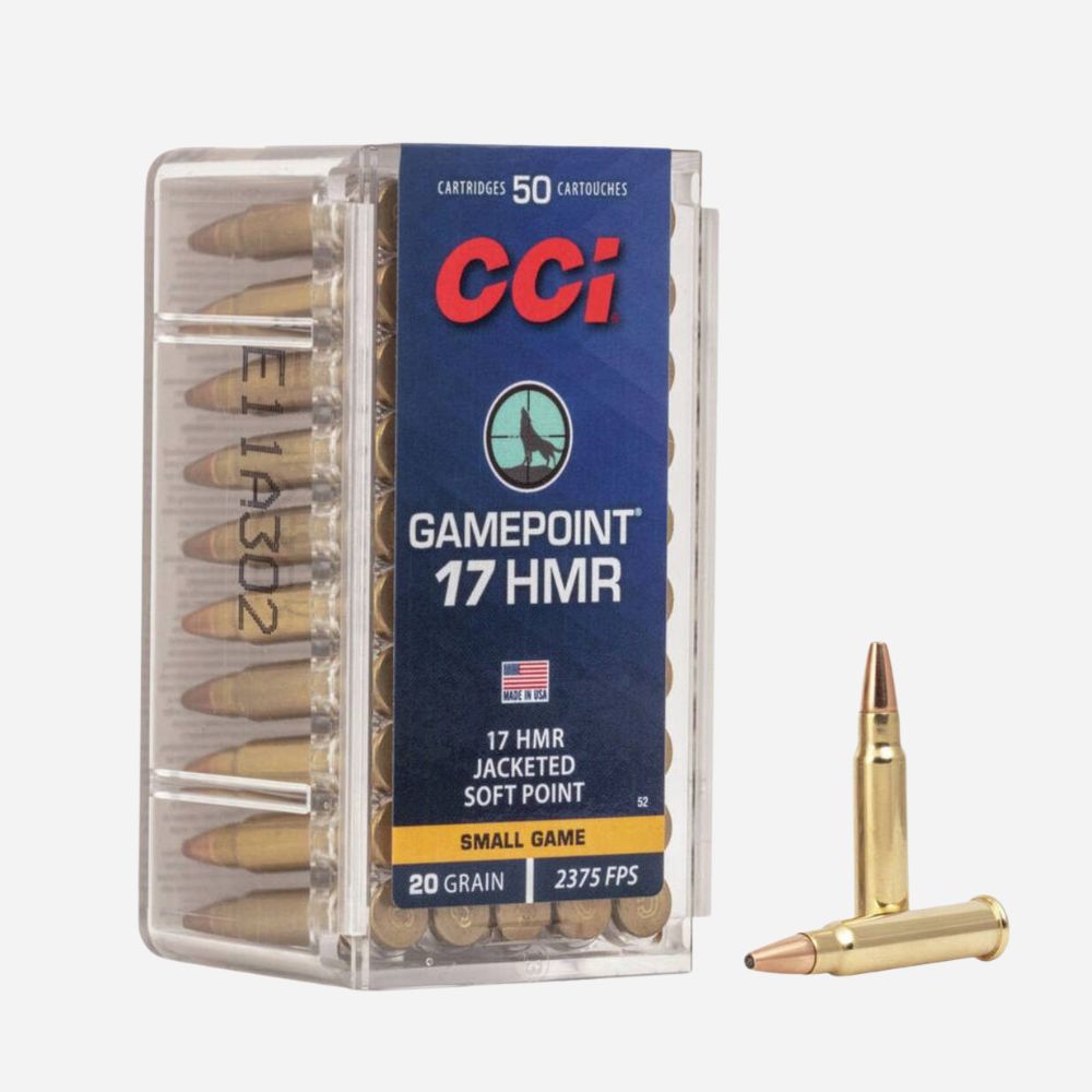 Box of CCI Gamepoint 17 HMR ammunition with bullets displayed on a white background