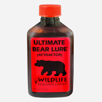 Bottle of Ultimate Bear Lure with red label and black bear illustration on a white background