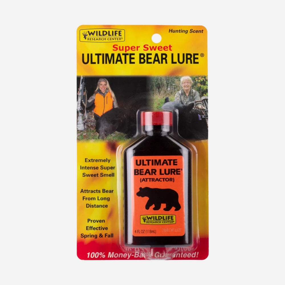 Packaging of Ultimate Bear Lure with a yellow background and bear illustration.