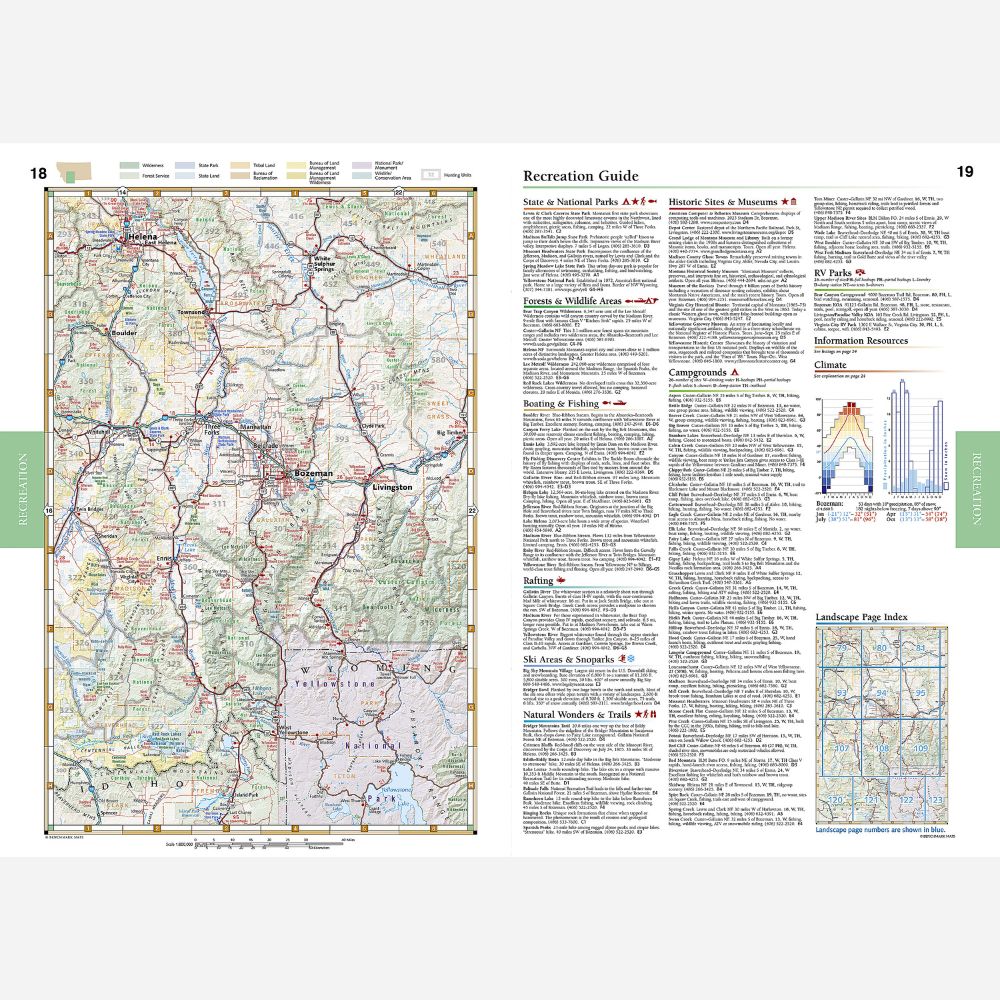 A printed map and recreation guide booklet spread shown against a white background. The left page contains a detailed topographic-style map, and the right page includes text sections, small charts, and a smaller inset map.