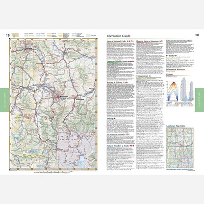 A printed map and recreation guide booklet spread shown against a white background. The left page contains a detailed topographic-style map, and the right page includes text sections, small charts, and a smaller inset map.
