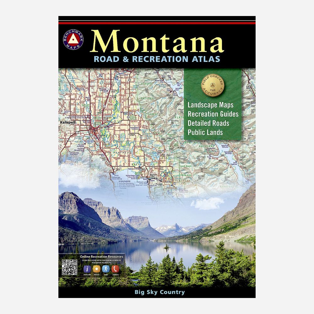 Front cover of the Montana Road & Recreation Atlas, showing a scenic mountain lake landscape, a map background, and title text including 'Montana' and 'Road & Recreation Atlas'.