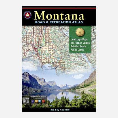 Front cover of the Montana Road & Recreation Atlas, showing a scenic mountain lake landscape, a map background, and title text including 'Montana' and 'Road & Recreation Atlas'.