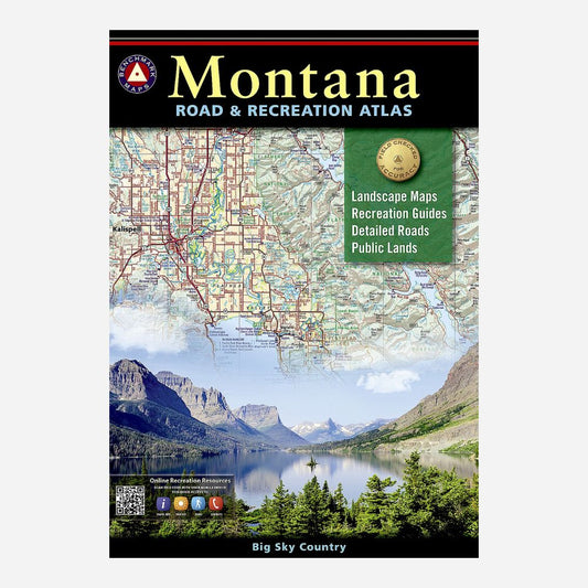 Front cover of the Montana Road & Recreation Atlas, showing a scenic mountain lake landscape, a map background, and title text including 'Montana' and 'Road & Recreation Atlas'.