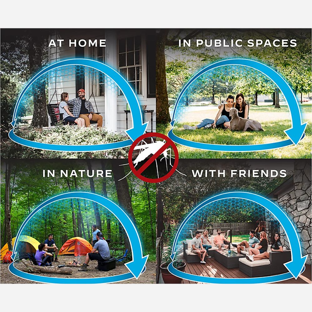 Illustration of people enjoying different activities with a no mosquito symbol in the center.