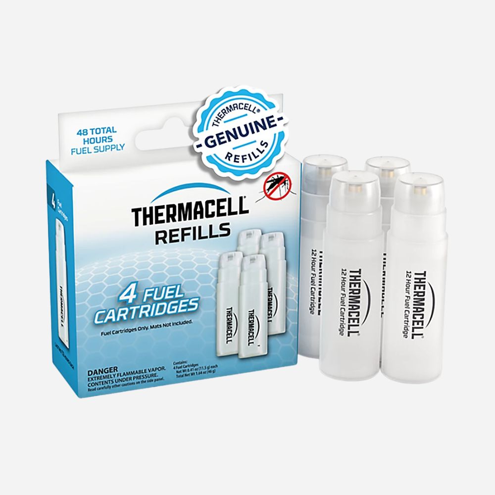 Thermacell refills packaging with four fuel cartridges on a white background