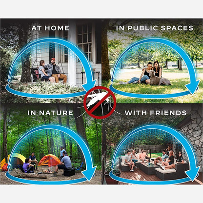Illustration of people enjoying different activities with a no mosquito symbol in the center.