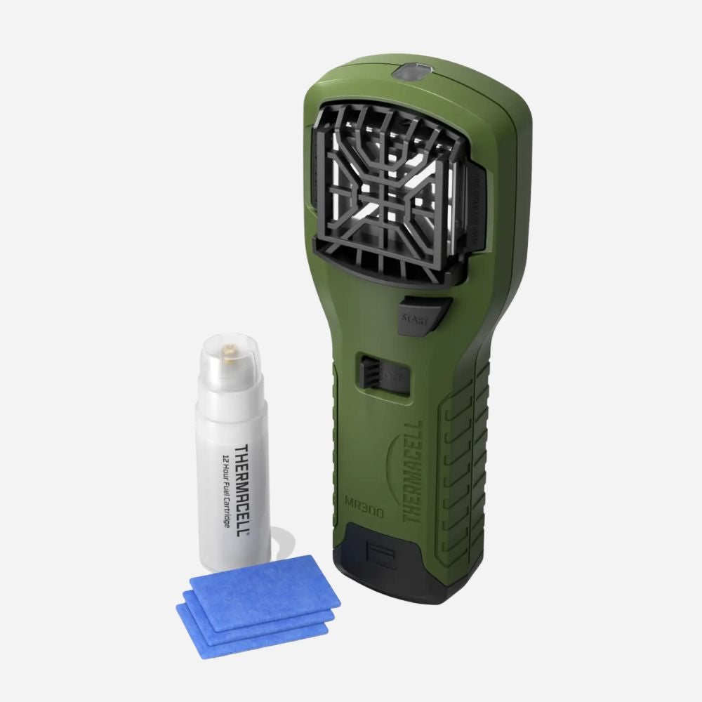Green electronic device with a white canister labeled 'Thermacell' on a white background