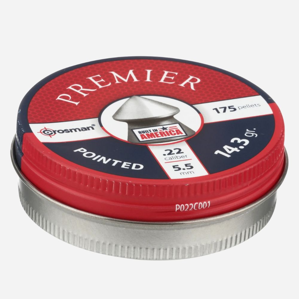 Crosman Premier pointed ammunition tin with red and silver design on a white background