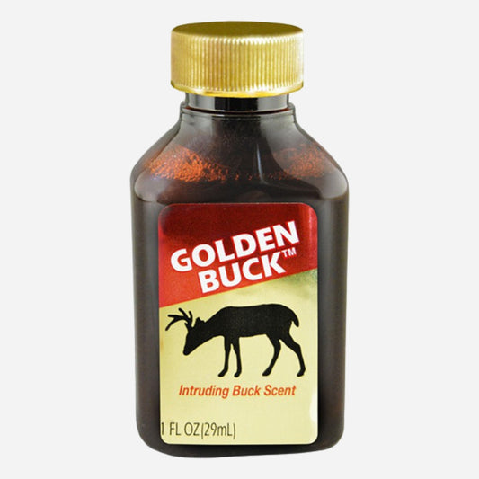 Bottle of Golden Buck scent with a gold cap on a white background