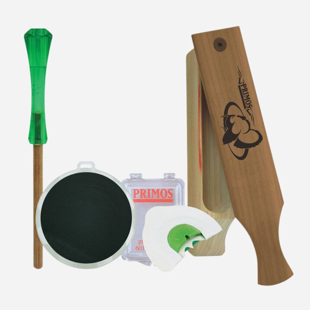 Collection of hunting and archery accessories including a bowstring, sight, and other components on a white background.