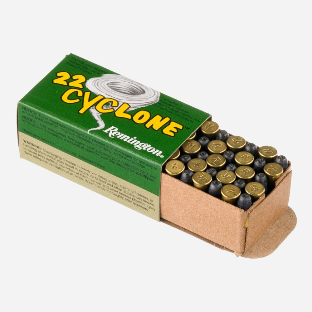 Box of Remington 22 Cyclone ammunition on a white background