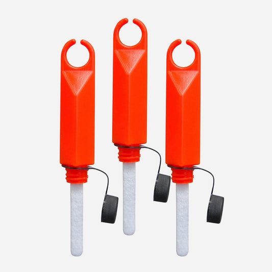 Three orange plastic bottles with hanging loops on a white background