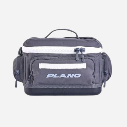Gray fishing tackle bag with white accents on a light gray background