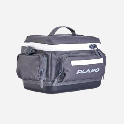 Gray fishing tackle bag with white accents on a light gray background