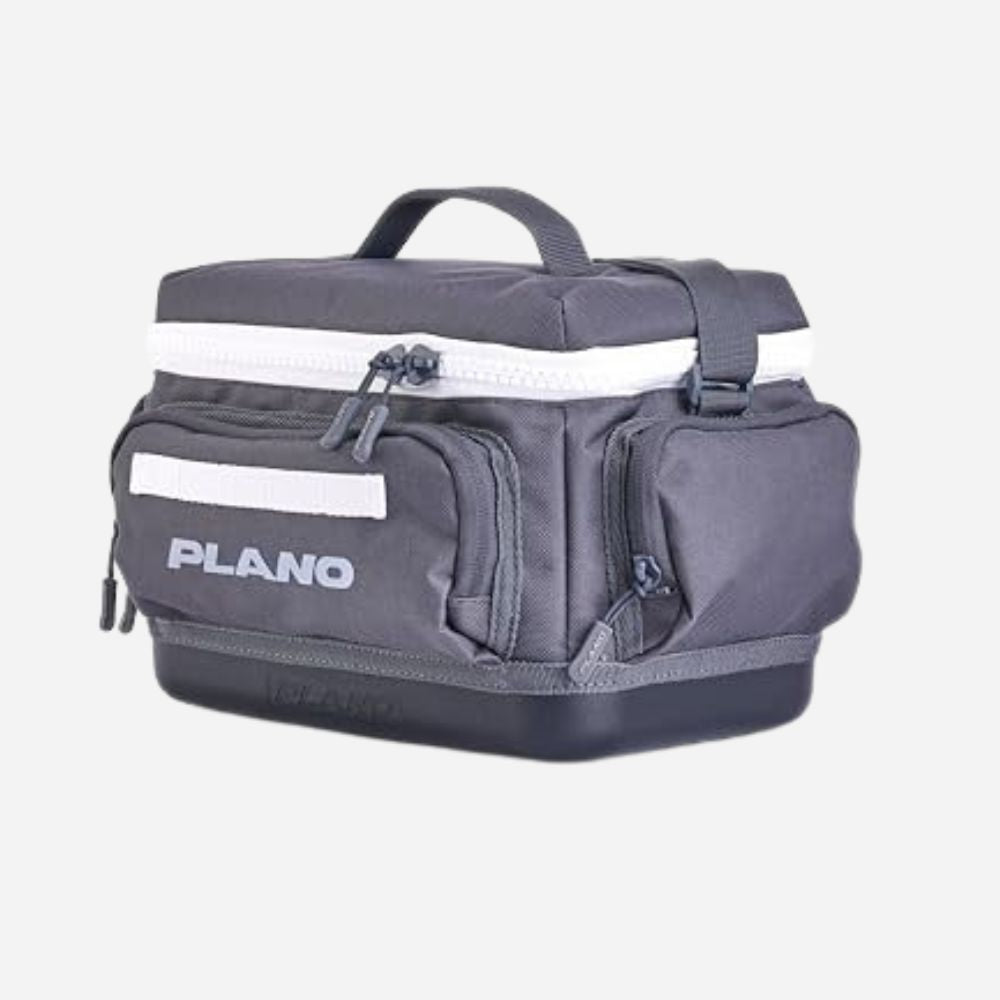 Gray fishing bag with white accents and 'Plano' branding on a light gray background