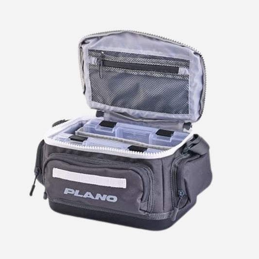 Gray fishing tackle bag with open lid showing compartments on a white background, featuring the Plano brand.