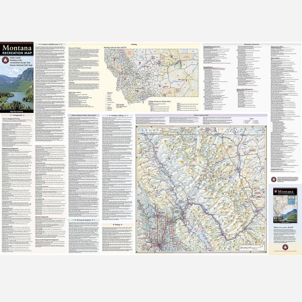A detailed printed map poster of Montana, featuring a large topographic-style map, smaller inset maps, extensive text columns, and scenic photo panels along the left and right margins.