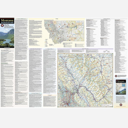 A detailed printed map poster of Montana, featuring a large topographic-style map, smaller inset maps, extensive text columns, and scenic photo panels along the left and right margins.