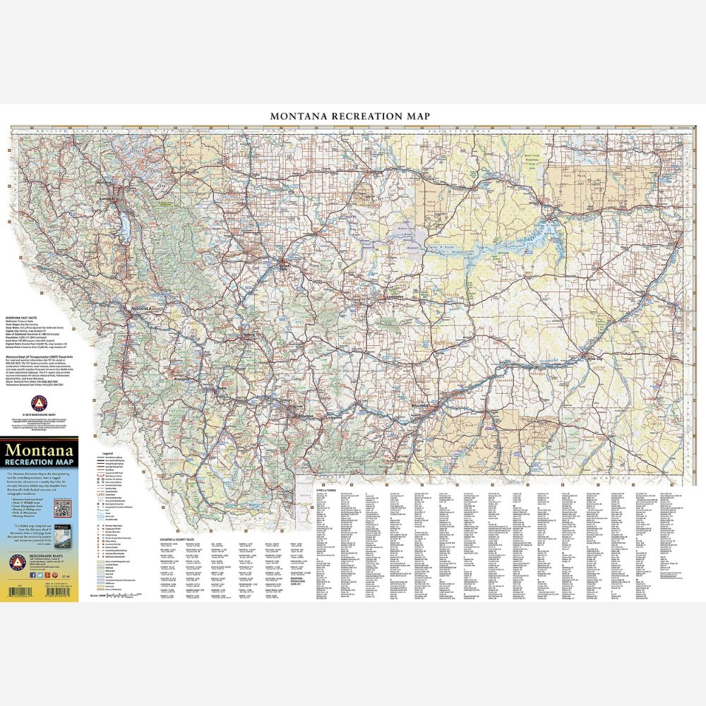 A detailed Montana Recreation Map showing roads, trails, rivers, and labeled legends on a white background.