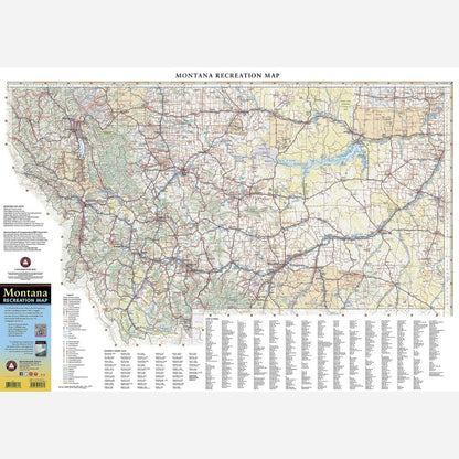 A detailed Montana Recreation Map showing roads, trails, rivers, and labeled legends on a white background.